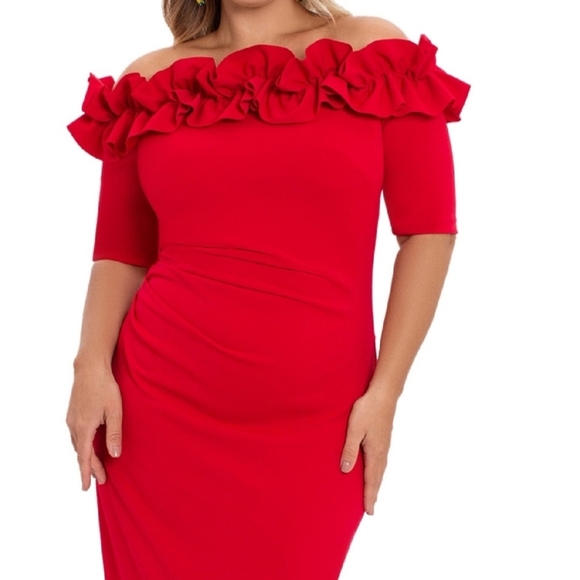NWOT Xscape Ruffle Off the Shoulder Crepe Column Gown 18W Red - Picture 2 of 6